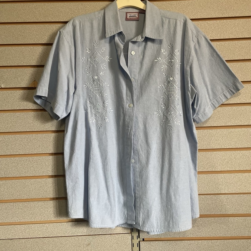 Vintage Premier International Blouse Top Shirt Embroidered Floral Blue Cotton LG